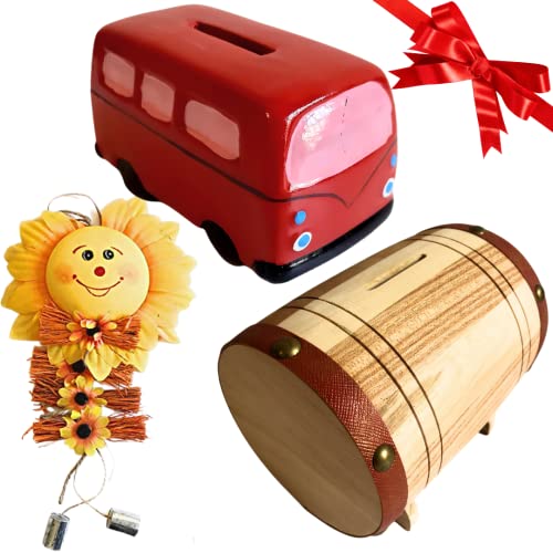 NARAMAKI Cadeau-ideeën kind voor meisjes spaarpot autobus rood keramiek + spaarpot houten vat + decoratie om op te hangen zonnebloem meubilair kinderkamer (rood)