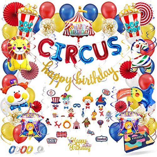 Fissaly ® 104 Stuks Circus Feest Versiering – Kinderfeestje Decoratie – Clown Themafeest Verjaardag Ballonnen Feestje