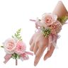 OUKEYI 2 stuks roze bloem pols Corsage Boutonniere Set, Boutonniere voor Mannen Bruiloft Witte Rose Corsage Pols voor Vrouwen Bruid Bruidsmeisje Pols Corsage voor Bruiloft Feest Prom Decoraties (Roze)