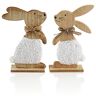 com-four ® 2x decoratieve houten konijntjes standaard voor Pasen paar konijntjes met strik Paasdecoratie van hout om op te staan decoratieve houten standaard (2 stuks konijntje met vacht)