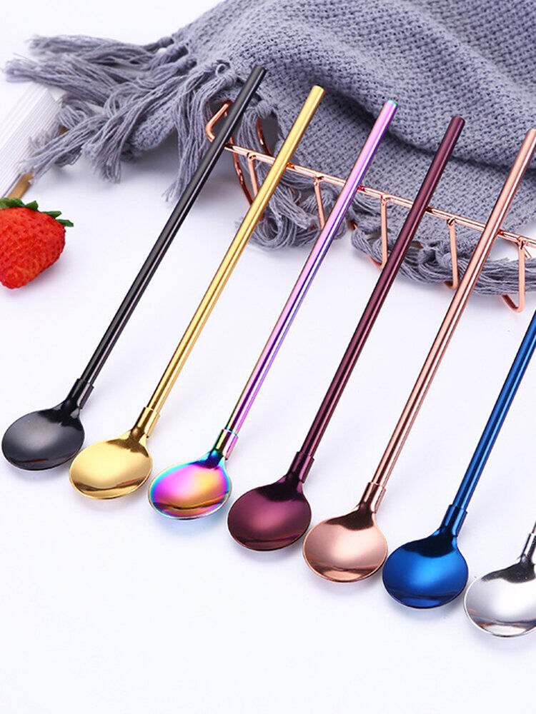 Newchic 304 Stainless Steel Straw Mixing Spoon Scoop Long Handle Gold-Plated Colored Metal Straw
