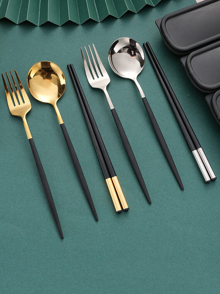 Newchic 4 Pcs Gold Silver Set Black Flatware Spoon Fork Chopsticks Stainless Steel Convenient Tableware