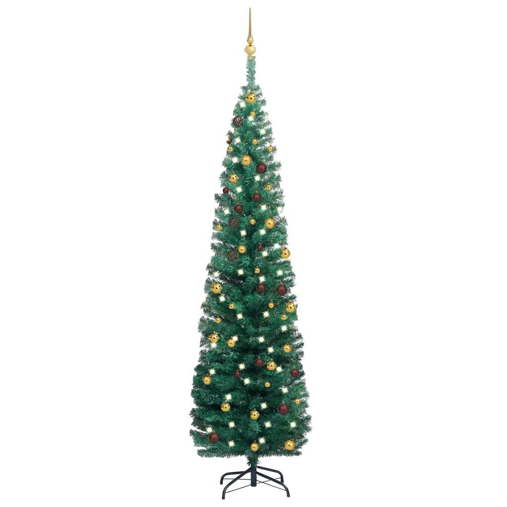 vidaXL Slankt kunstig juletre med LED og kulesett grønn 210 cm