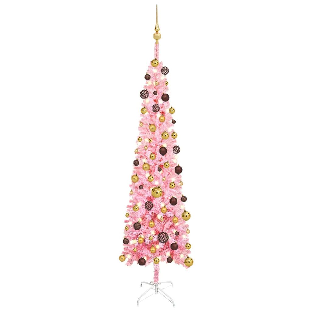 vidaXL Slankt juletre med LED og kulesett rosa 180 cm