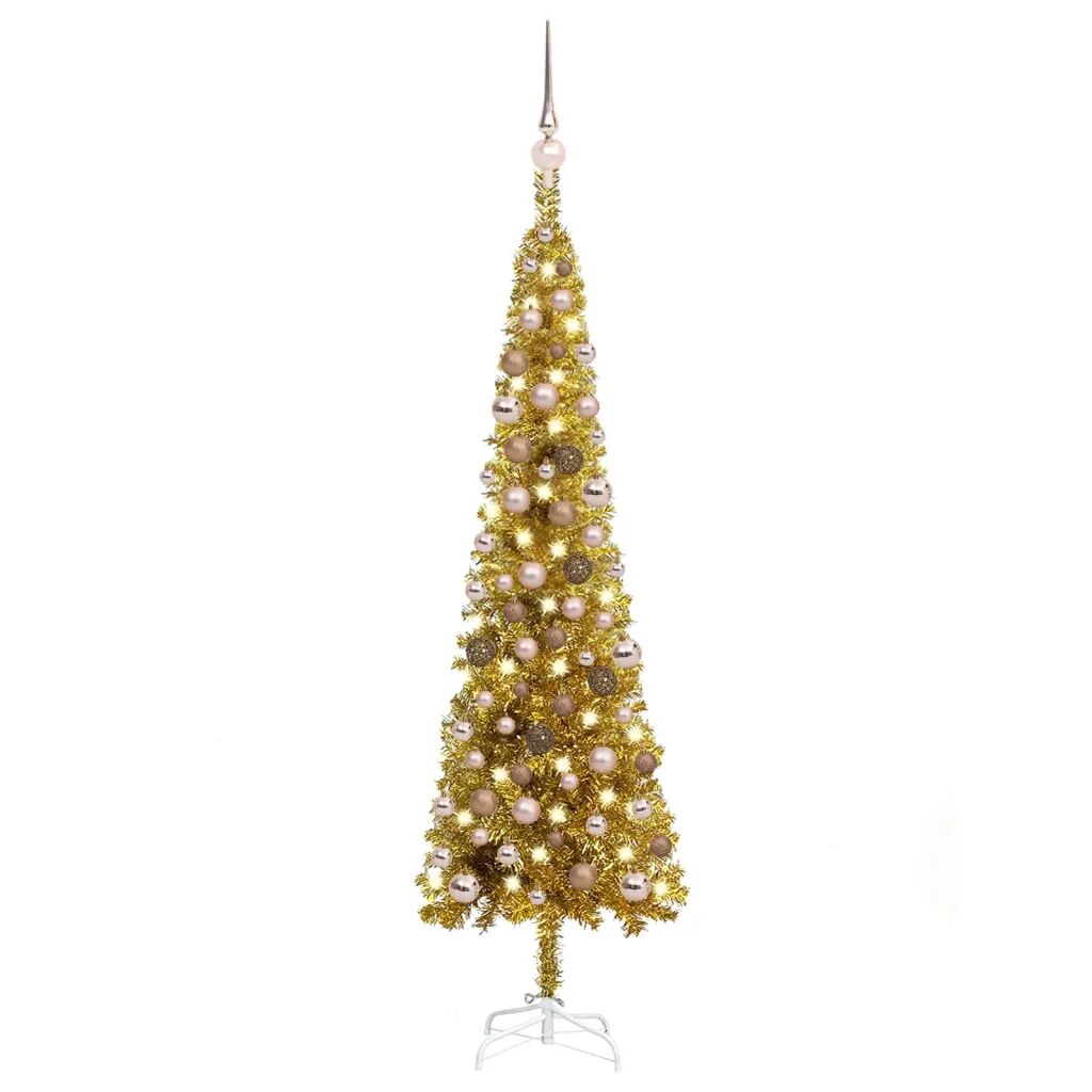 vidaXL Slankt juletre med LED og kulesett gull 120 cm