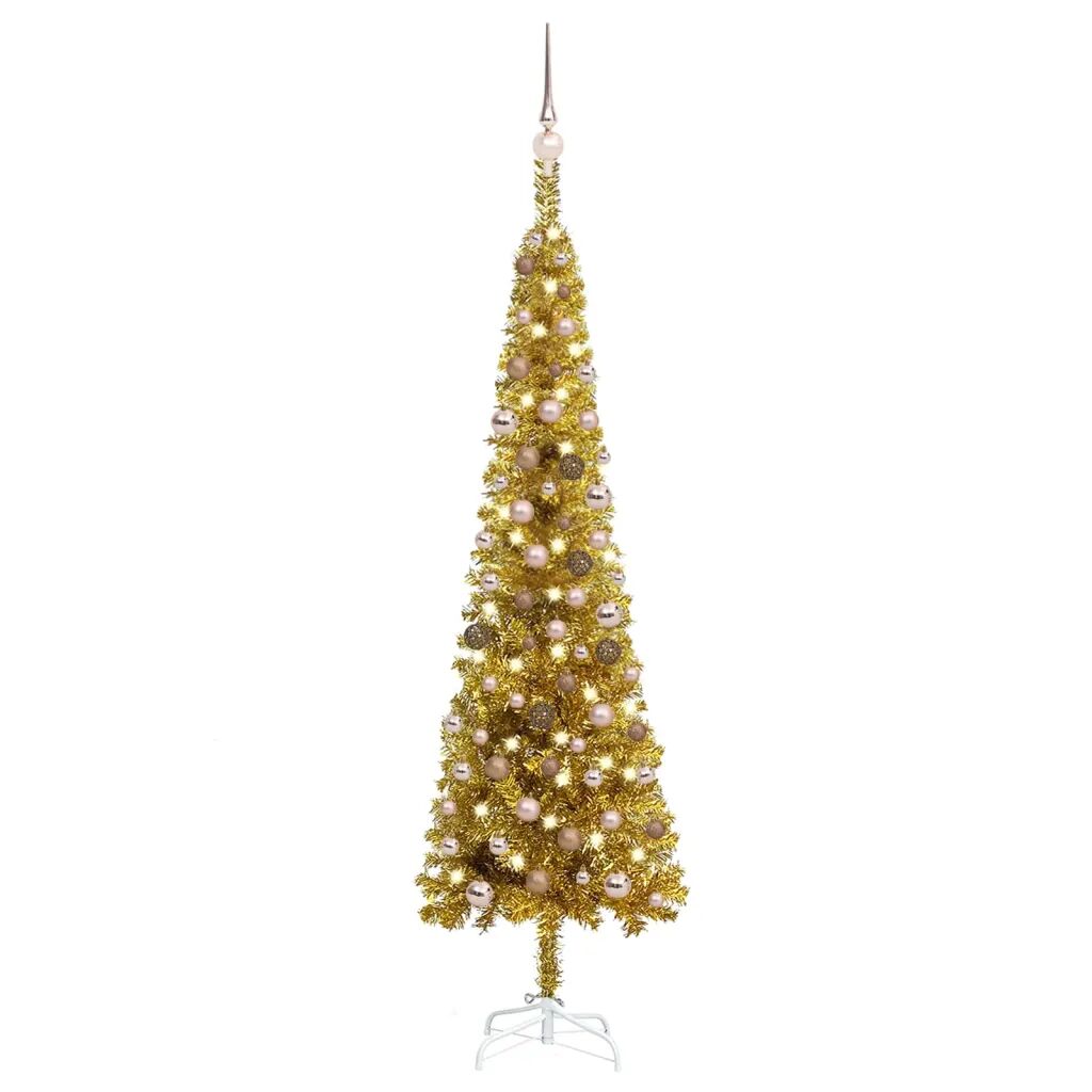 vidaXL Slankt juletre med LED og kulesett gull 180 cm