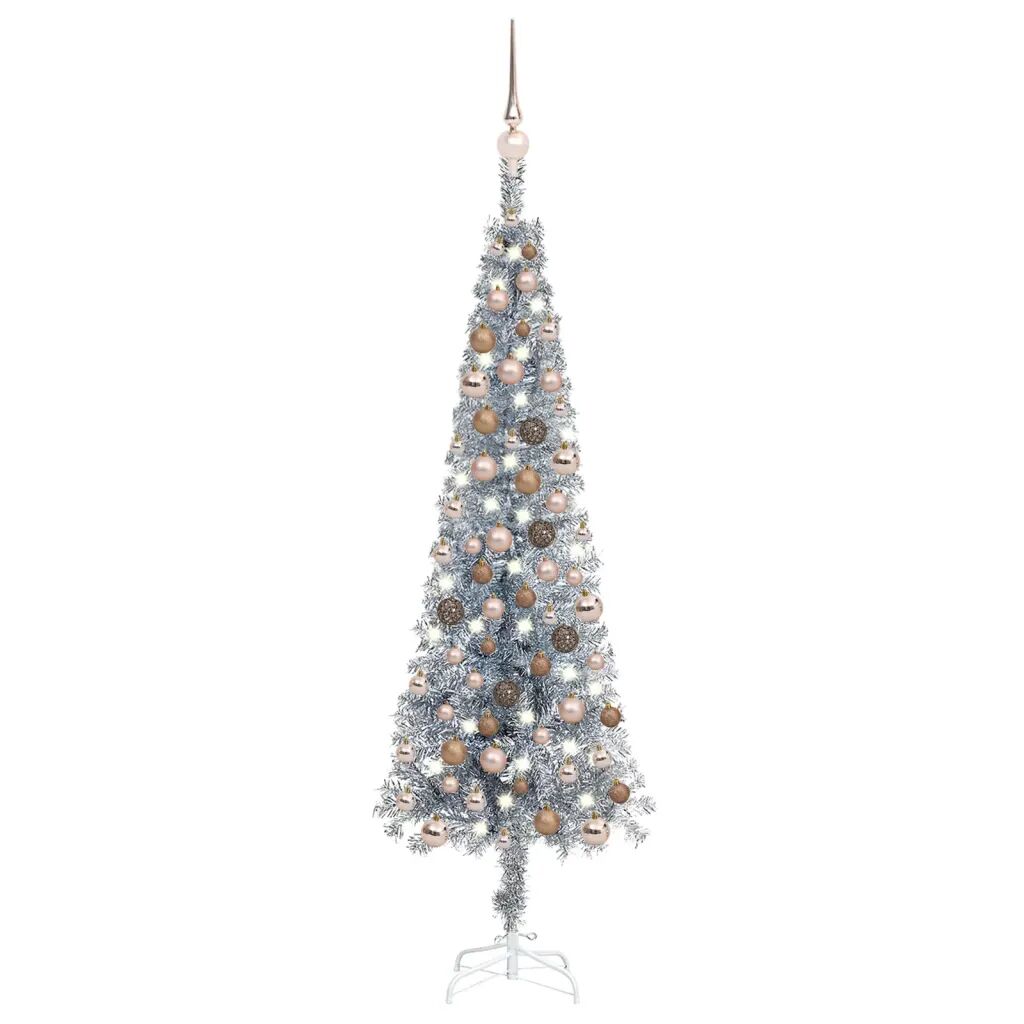 vidaXL Slankt juletre med LED og kulesett sølv 120 cm
