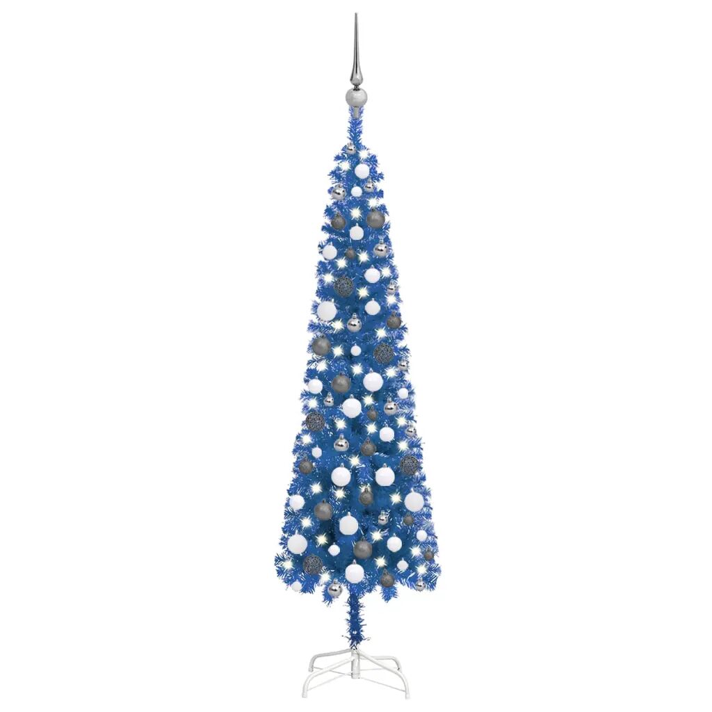 vidaXL Slankt juletre med LED og kulesett blå 150 cm