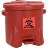 Justrite Bezpieczny pojemnik z PE na odpady stwarzające zagrożenie biologiczne, naklejka BIOHAZARD, poj. 38 l, z pedałem, czerwony, od 3 szt.