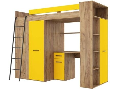 Bim Furniture Beliche com Secretária Verana L Castanho e Amarelo (Dimensões do Colchão: 90x200 cm)