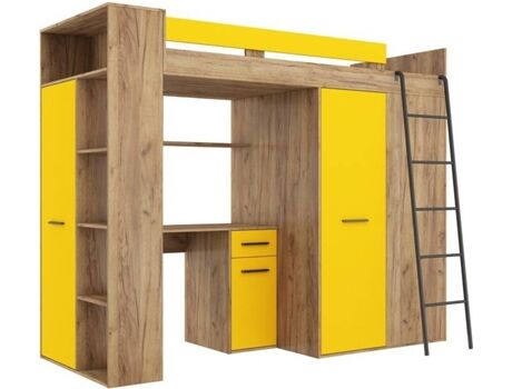 Bim Furniture Beliche com Secretária Verana P Castanho e Amarelo (Dimensões do Colchão: 90x200 cm)