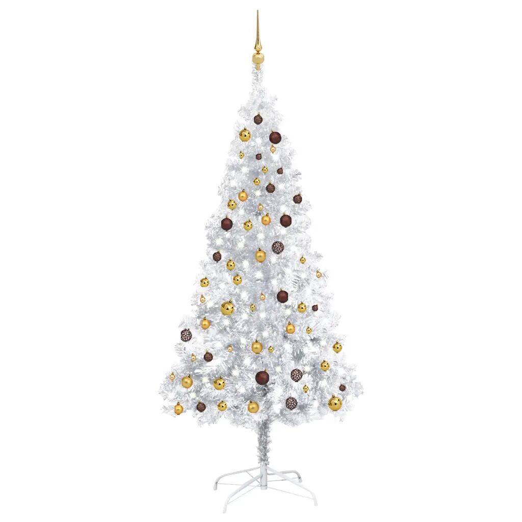 vidaXL Umelý vianočný stromček s LED a súpravou gulí 210 cm strieborný PET
