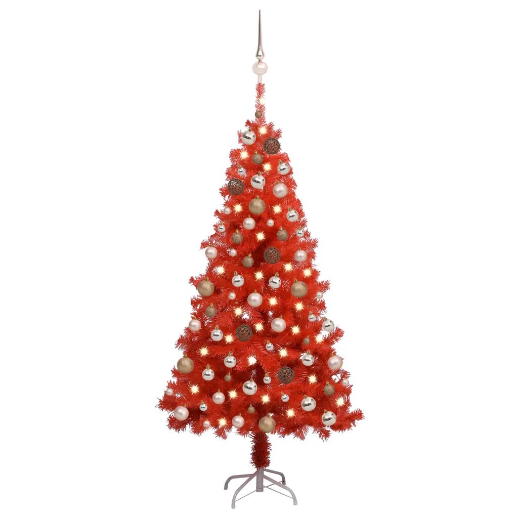 vidaXL Umelý vianočný stromček s LED a súpravou gulí červený 150 cm PVC