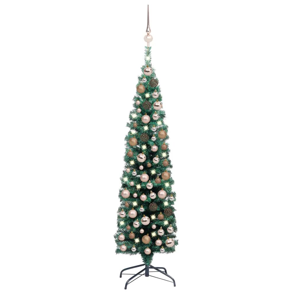 vidaXL Úzky umelý vianočný stromček s LED a sadou gulí zelený 150 cm