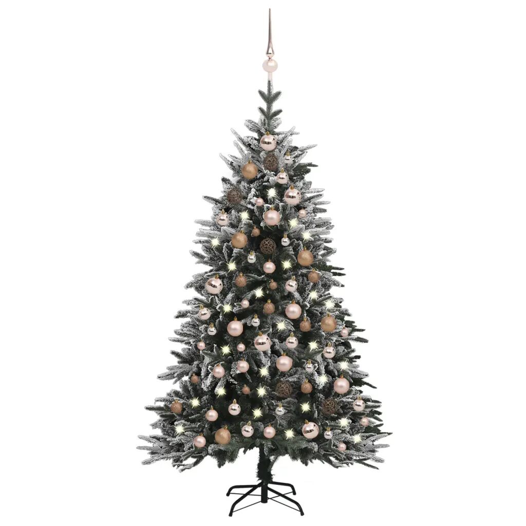 vidaXL Zasnežený umelý vianočný stromček s LED a súpravou gulí 150 cm PVC a PE
