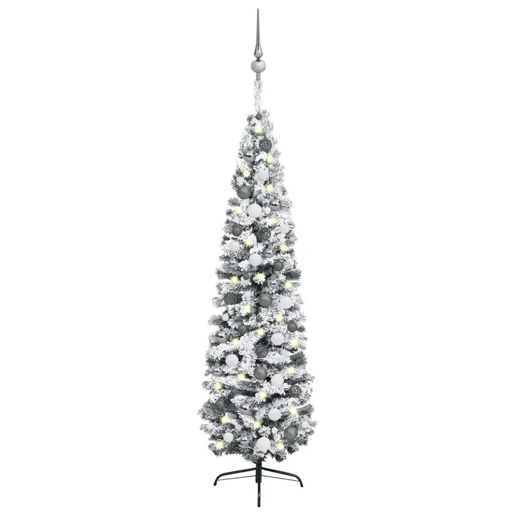 vidaXL Úzky vianočný stromček s LED a sadou gulí zelený 210 cm