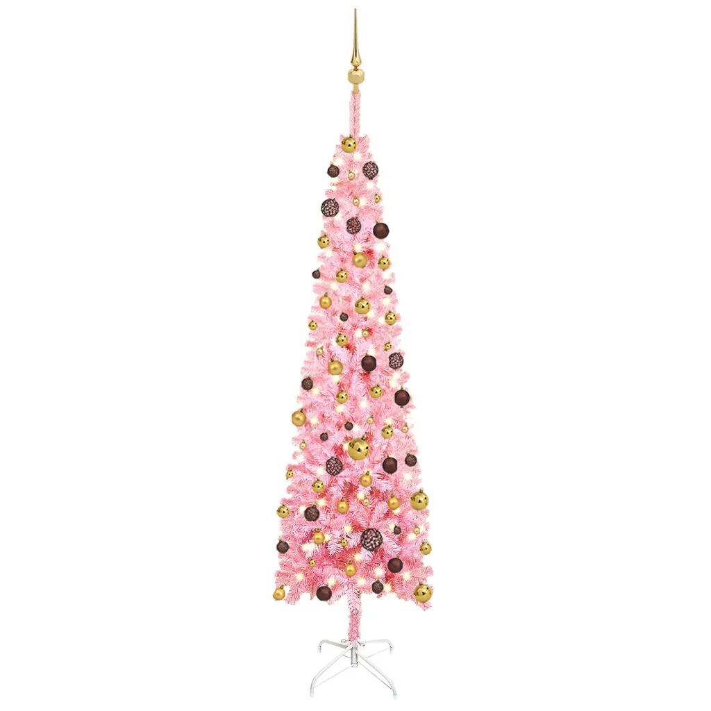vidaXL Úzky vianočný stromček s LED a sadou gulí ružový 210 cm