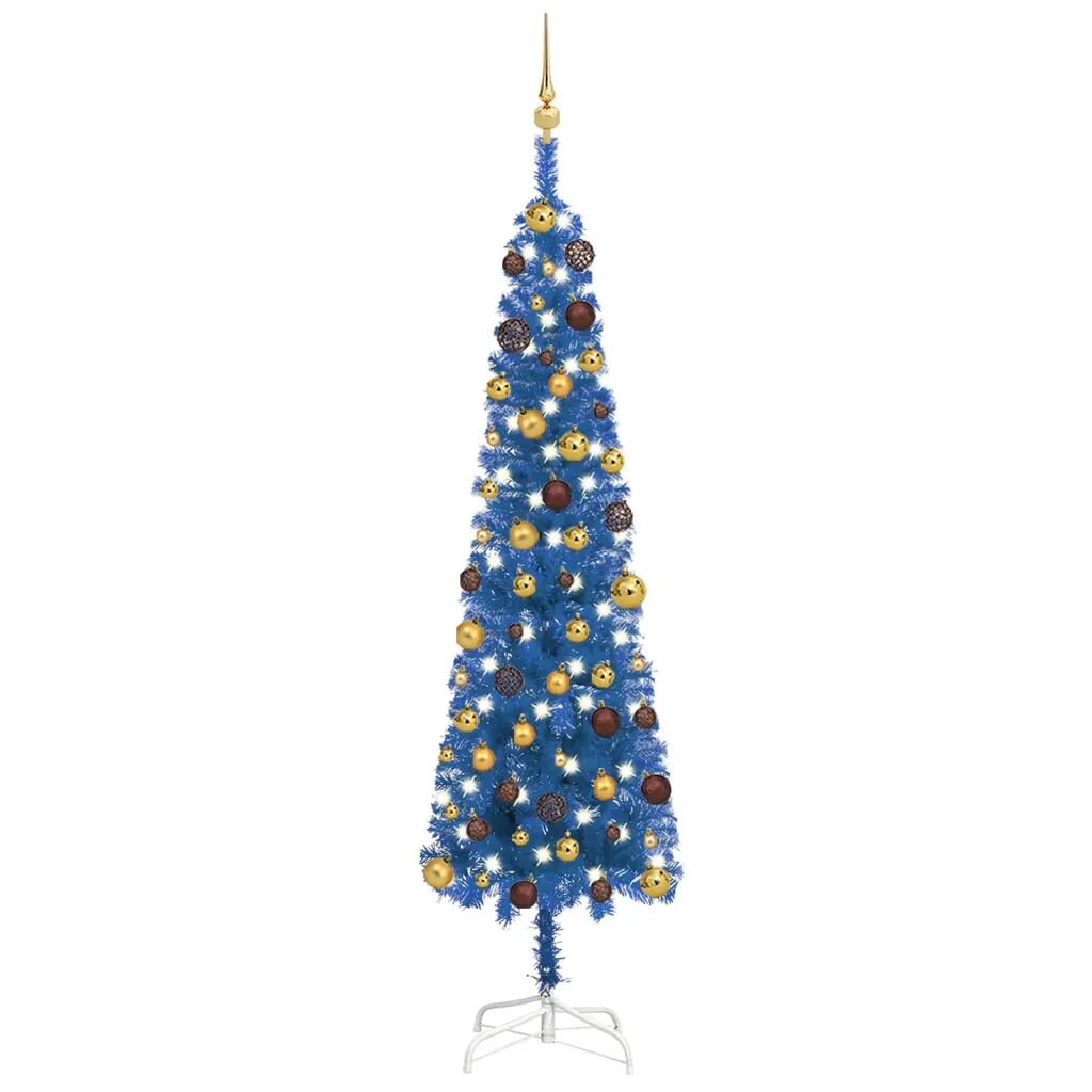 vidaXL Úzky vianočný stromček s LED a sadou gulí modrý 180 cm