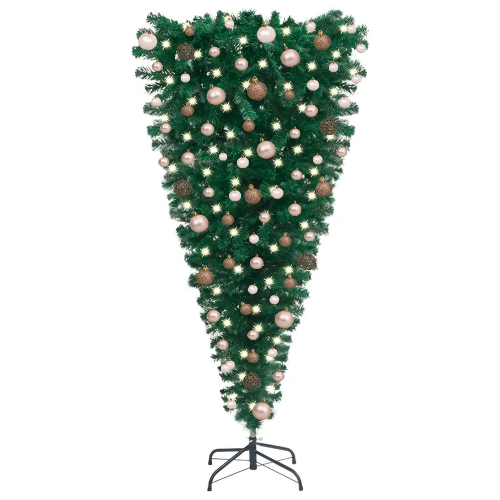 vidaXL Obrátený umelý vianočný stromček s LED a súpravou gulí 210 cm