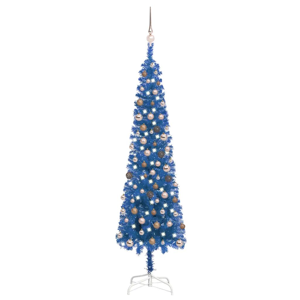 vidaXL Úzky vianočný stromček s LED a sadou gulí modrý 210 cm