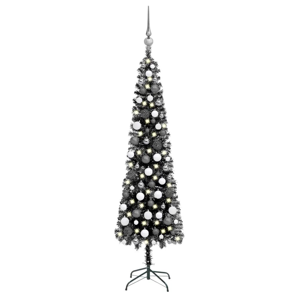 vidaXL Úzky vianočný stromček s LED a sadou gulí čierny 120 cm