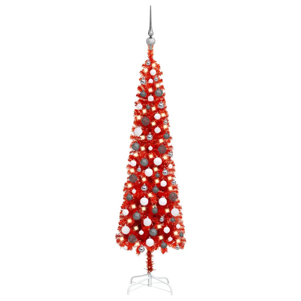 vidaXL Úzky vianočný stromček s LED a sadou gulí červený 150 cm