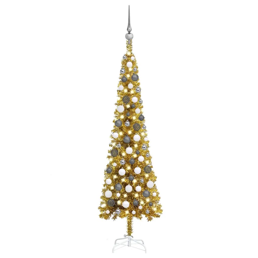 vidaXL Úzky vianočný stromček s LED a sadou gulí zlatý 120 cm