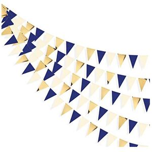 pinkblume 30 Ft Navy Blue Beige Gold Party Decorations Hanging Paper Triangle Flag Pennant