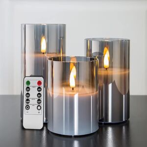 FLEMYE Eywamage Silver Grey Glass Flameless Flickering Candles with Remote, 3 Pack Real