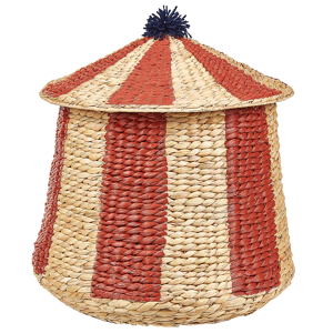 Beliani Wicker Basket Beige Red Water Hyacinth Woven Circus Motif Tent with Lid Pompom Toy Hamper Child's Room Accessory Material:Water Hyacinth Size:50x58x50