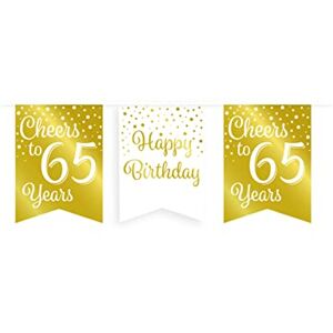 Jesters Party Happy Birthday Banner for 65th Birthday Decorations - Gold and White Printed Party Flag Banner for Birthday Party Decorations - (8.5 x 8.5 x 7.5) cm