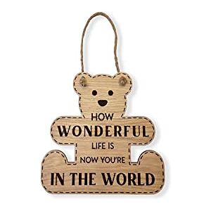 Generic How Wonderful Life is Now You're in The World Wooden Teddy Bear Wall Sign Wood Nursery Playroom Flag Nursery Decor Baby Photo Prop