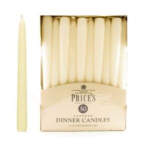 Price's Candles Prices Candles TDC005016 Tapered Dinner Candle Unwrapped, Pack of 50, Ivory