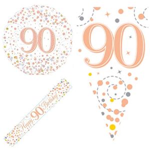 FANCYDRESSCOZ 90th Age 90 Happy Birthday Sparkling Fizz White and Rose Gold Holographic Foil Banner Balloon Flag Party Kit Set