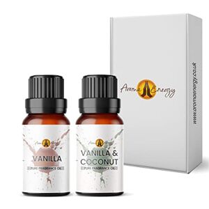 Aroma Energy Vanilla & Vanilla Coconut Fragrance Oil Set 2 x 10ml Diffuser for Home, Candle Making, soap, Wax Melts, Massage, Perfume, Aromatherapy Gift Box Vegan Made in UK