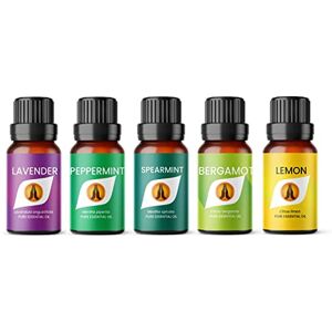 Aroma Energy Fresh Essential Oil Set Lavender, Peppermint, Spearmint, Bergamot & Lemon 5 x 10ml for Diffusers for Home, Aromatherapy, Gift for Him/Her, Candle Making, Soaps, Wax Melts etc