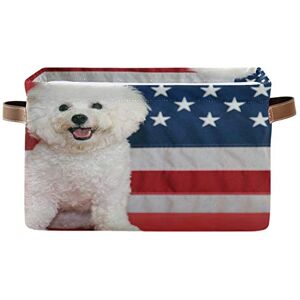 BIGJOKE Cute Dog American Flag Storage Basket Cube Toy Storage Bin Clothes Basket Collapsible with Handles Fabric Storage Basket for Shelf Nursery Home Closet & Office