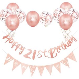 COSORO Rose Gold 21st Birthday Decorations for Girls,12pcs 21st Birthday Decor Kit Happy 21st Birthday Bunting Banner Triangle Flag 21st Birthday Balloons for Girl Her 21st Birthday Party Decorations