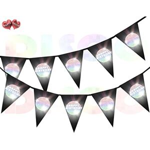 Disco Ball Happy Birthday Rainbow Flash on Black background I Love 70's 80's 90's Theme Bunting Banner 15 Flags For Guaranteed Stylish Amazing party decoration by PARTY DECOR