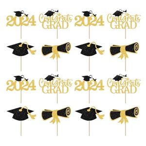 Qinlenyan Large Graduation Centerpiece Display Mold Sustainable Party Decor 16pcs/set Cake Card Class of 2024 Black Golden Theme Table Toppers Centerpieces Golden