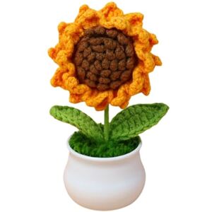 Qinlenyan Handmade Sunflower Gift Knitted Floral Desk Accessory Potted Plant Decor Crochet Wool Flower Decoration Home Garden Ornament for Wedding Photography F