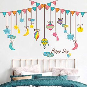 Wallpark Colored Flag Party Celebration Wall Sticker Cartoon Star Moon Cloud Removable Wall Decal, Children Kids Baby Home Room Nursery DIY Decorative Adhesive Art Wall Mural