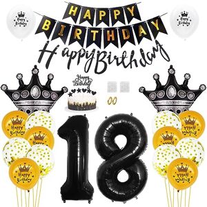 Daimay 18th Birthday Party Decorations Gold Black Happy Birthday Banner Flag Latex Confetti Balloons Number 18 Foil Balloon Crown Mylar Balloons Cake Topper for Men Women Anniversary Party Supplies