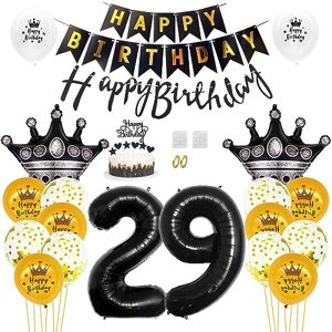 Daimay 29th Birthday Party Decorations Gold Black Happy Birthday Banner Flag Latex Confetti Balloons Number 29 Foil Balloon Crown Mylar Balloons Cake Topper for Men Women Anniversary Party Supplies