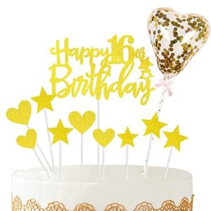 POPOYU 11pcs Gold Happy 16th Birthday Cake Toppers,Personalised Cake Topper for Boy&Girl,16th Birthday Cake Decorations Glitter Cupcake Toppers Cake Toppers Kits 5 Star 4 Heart with Balloon