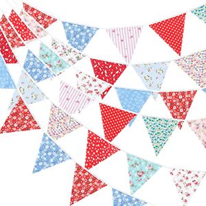 G2PLUS 12M Floral Fabric Bunting Banner,19x21CM Large Reusable Cotton Triangle Flag Garland with 42PCS Decoration Floral Pennants for Garden Tea Wedding Baby Shower Birthday Parties-Red and Blue