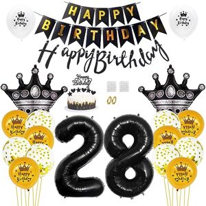 Daimay 28th Birthday Party Decorations Gold Black Happy Birthday Banner Flag Latex Confetti Balloons Number 28 Foil Balloon Crown Mylar Balloons Cake Topper for Men Women Anniversary Party Supplies