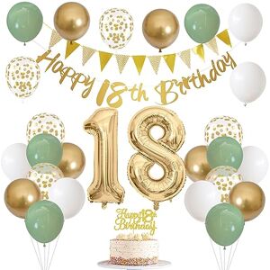 Jobkoo 18th Birthday Decorations for Boys Girls, Happy 18th Birthday Banner with Birthday Cake Topper Number 18 Foil Balloon Sage Green White Gold Birthday Balloons for 18 Year Old Birthday Party Decoration