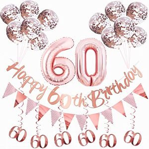 Igone 60th Birthday Decorations for Women Rose Gold Birthday Decoration Kit Include Happy 60th Birthday Banner,Triangle Flag Banner And Confetti Latex Balloons,Foil Hanging Swirls,Foil Balloons