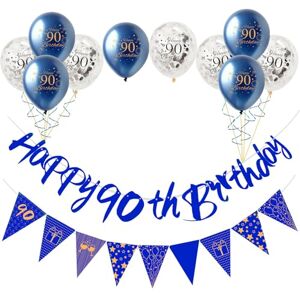 COSORO Blue Gold 90th Birthday Decorations for Men Women,12pcs 90th Birthday Decor Kit Happy 90th Birthday Bunting Banner Triangle Flag 90th Birthday Balloons for Him Her 90th Birthday Party Decorations